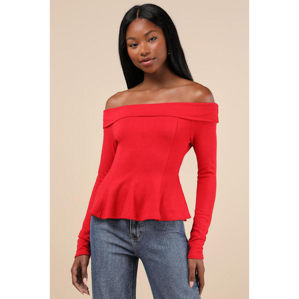NWT Lulus Flattering Pick Red Off-the-shoulder Long Sleeve Top - Size S